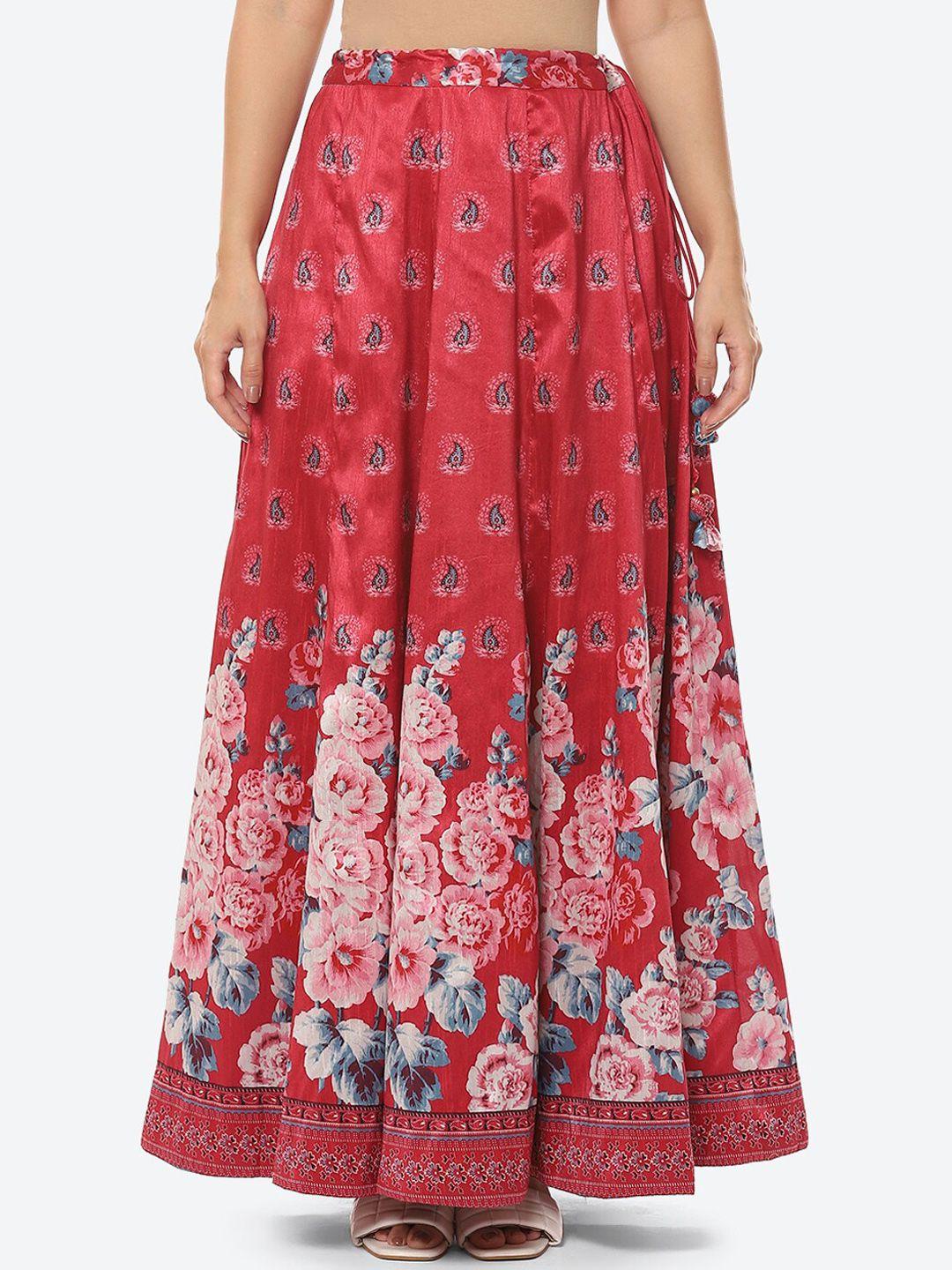 biba women red & pink floral printed maxi flared skirts