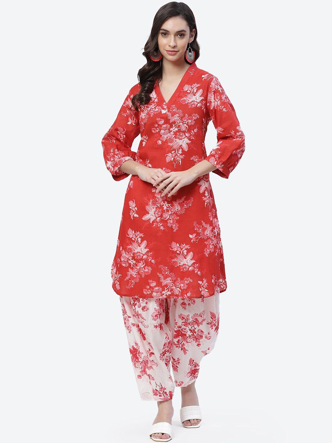 biba women red & white floral printed pure cotton kurta with salwar