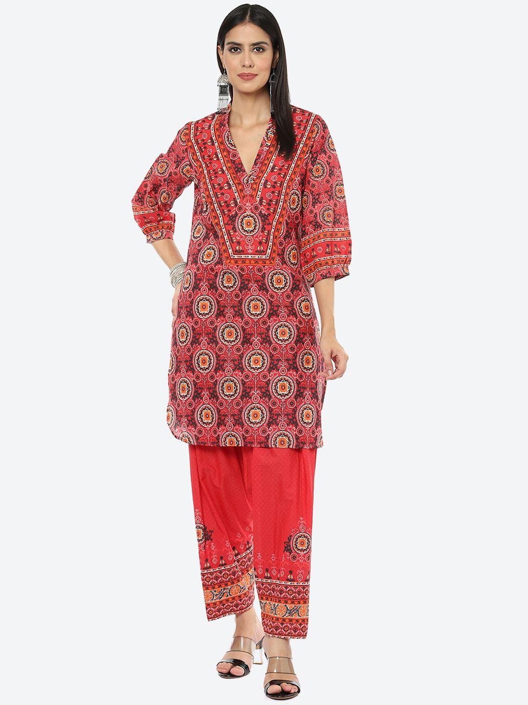 biba women red ethnic motifs printed kurti with trouser