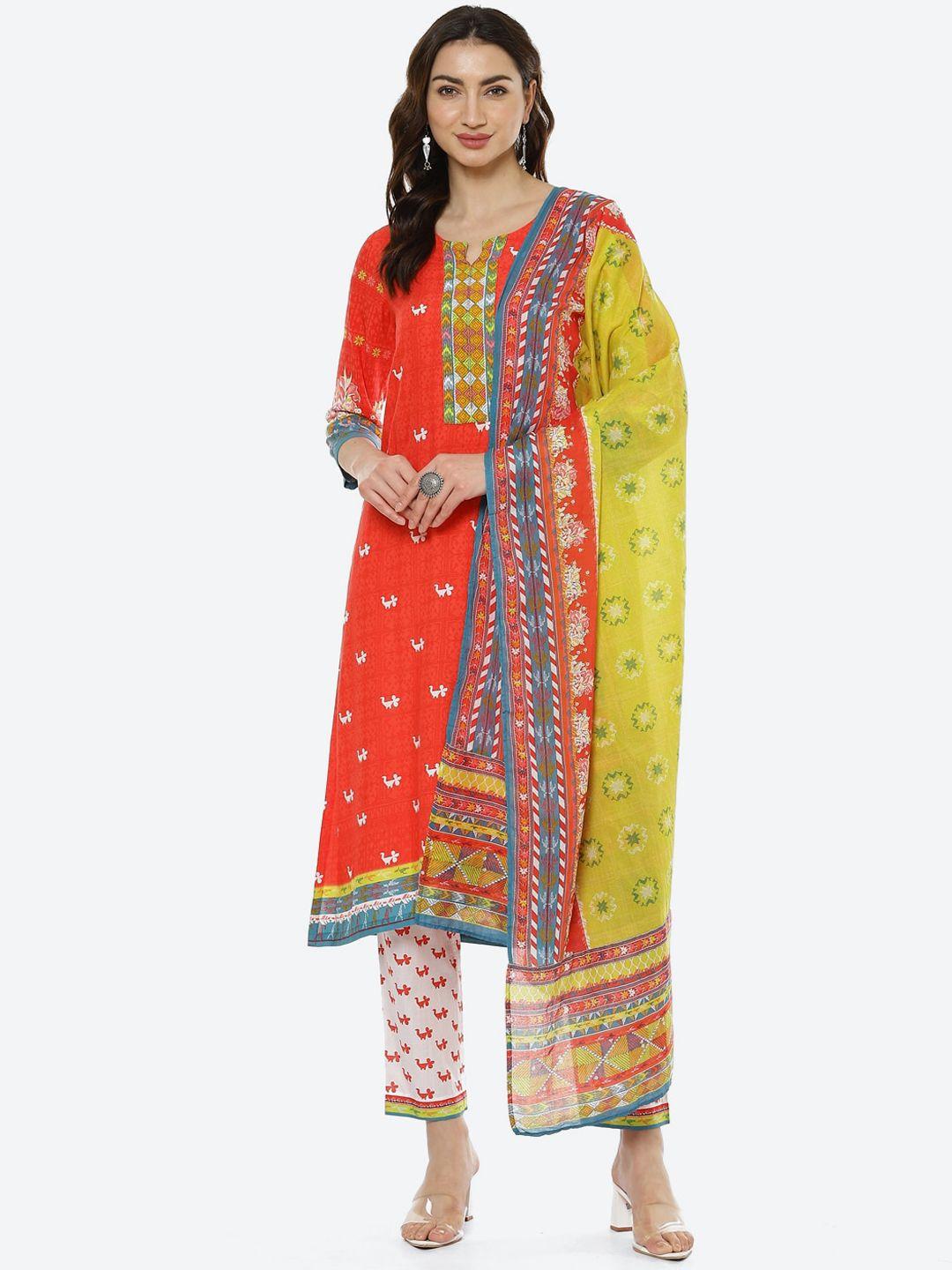 biba women red ethnic motifs printed kurti with trousers & with dupatta kurta set