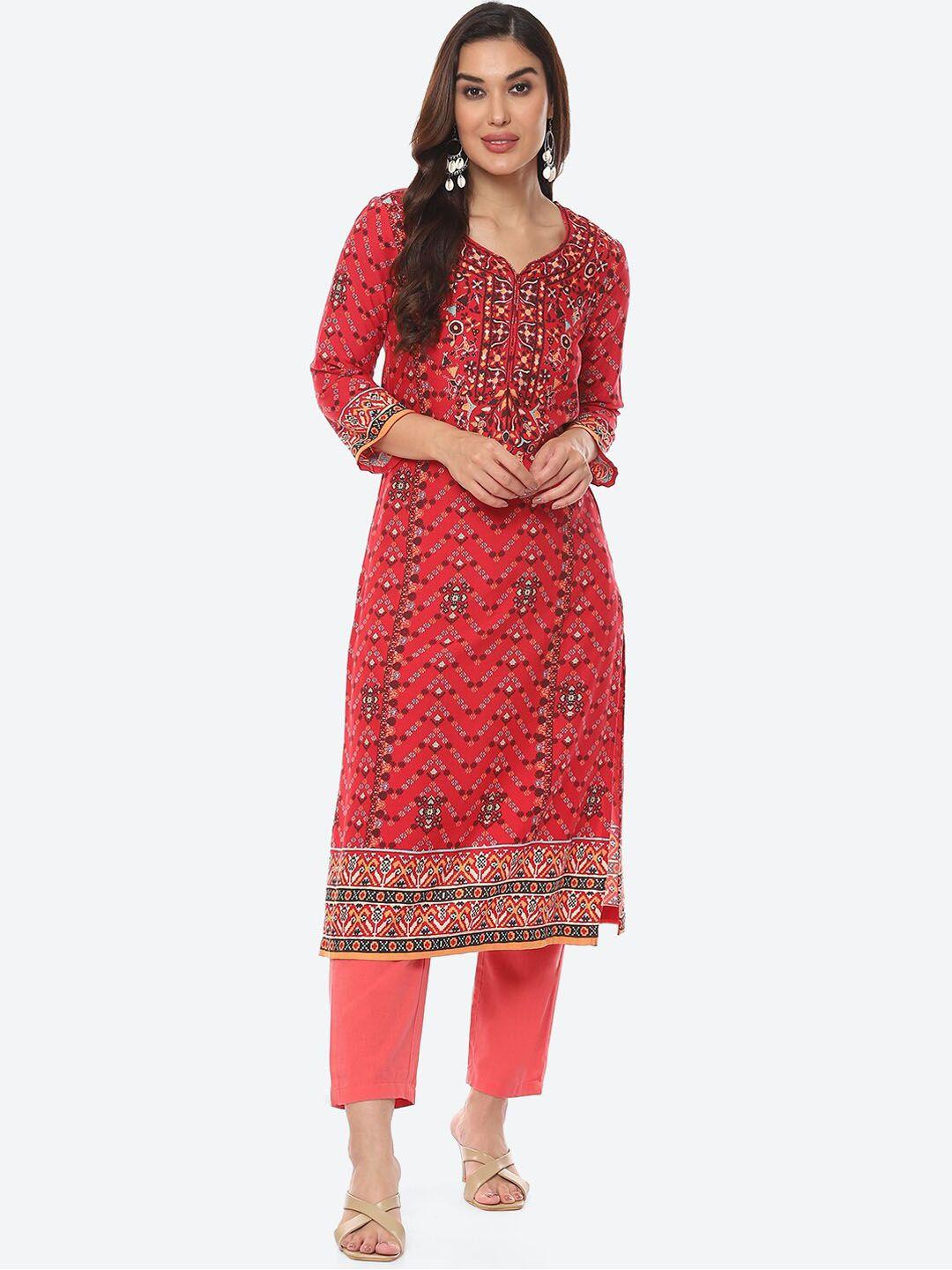 biba women red ethnic motifs printed straight fit kurta