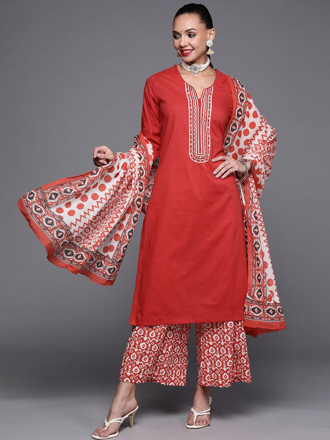 biba women red ethnic motifs printed thread work pure cotton kurta with trousers & with dupatta