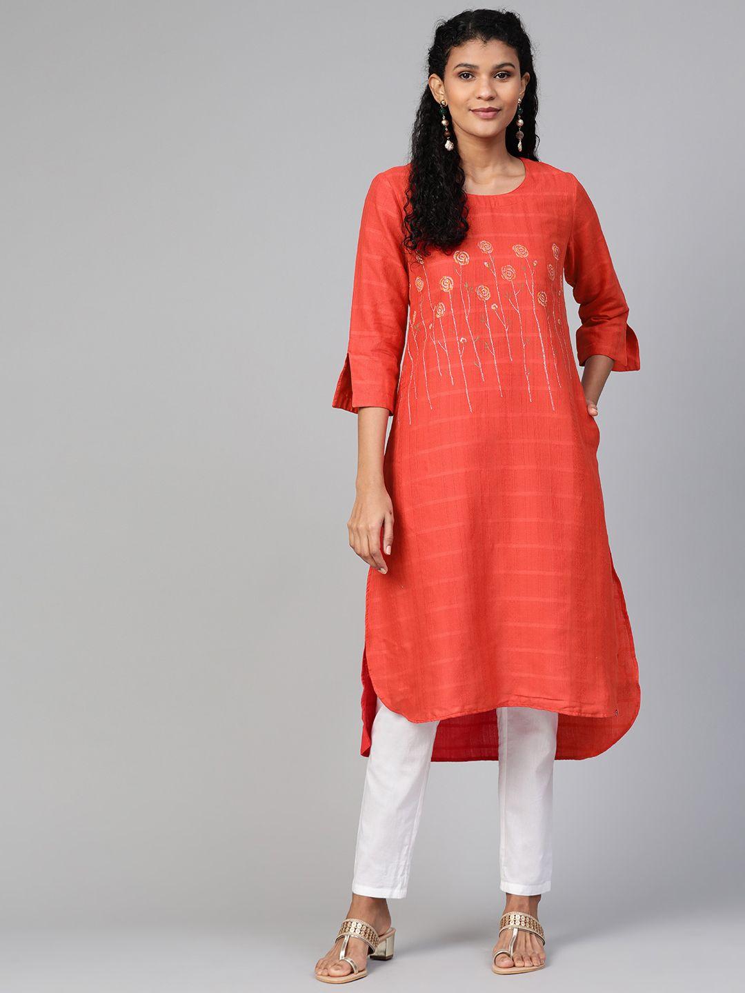 biba women red floral detail woven design straight high-low kurta