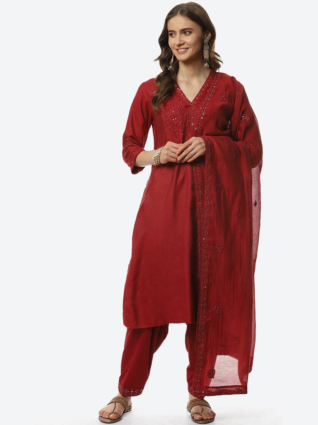 biba women red floral embroidered thread work kurta with salwar & dupatta