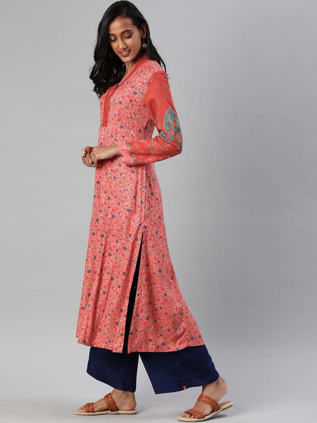 biba women red floral printed a-line kurta