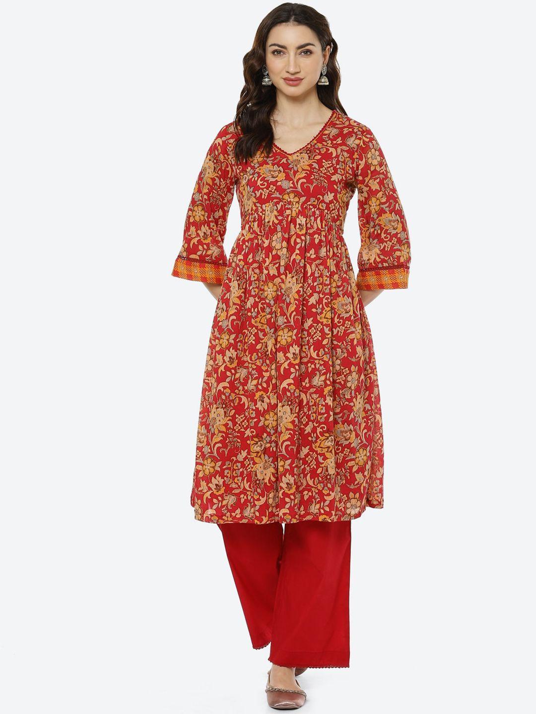 biba women red floral printed empire pure cotton kurta with palazzos