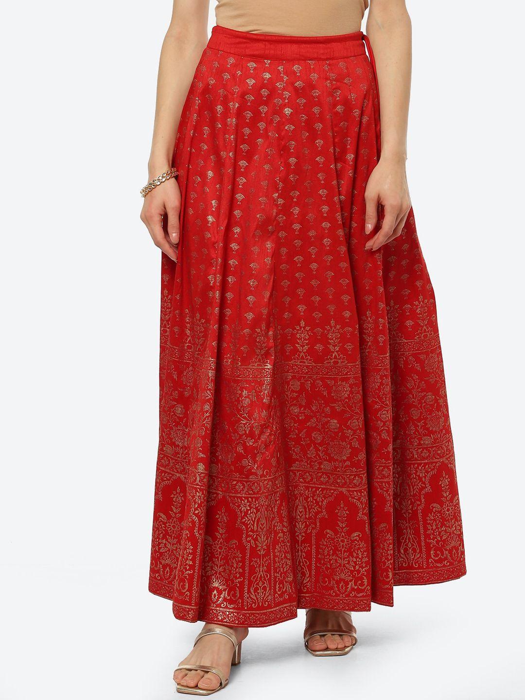 biba women red printed ethnic flared skirt