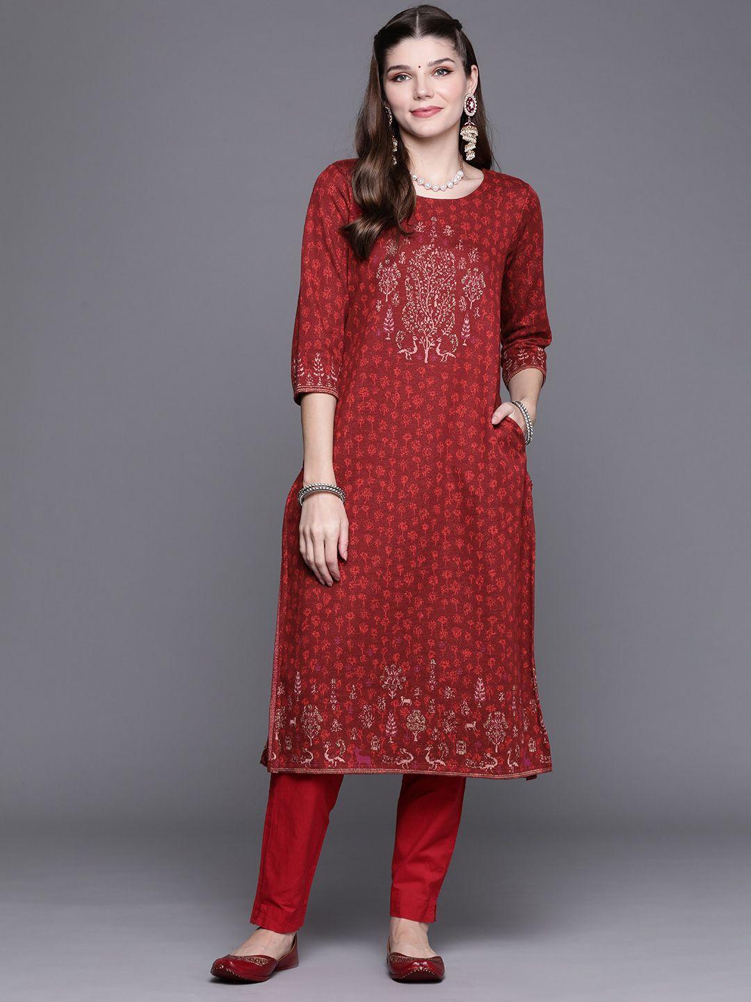 biba women red self-design winter kurta