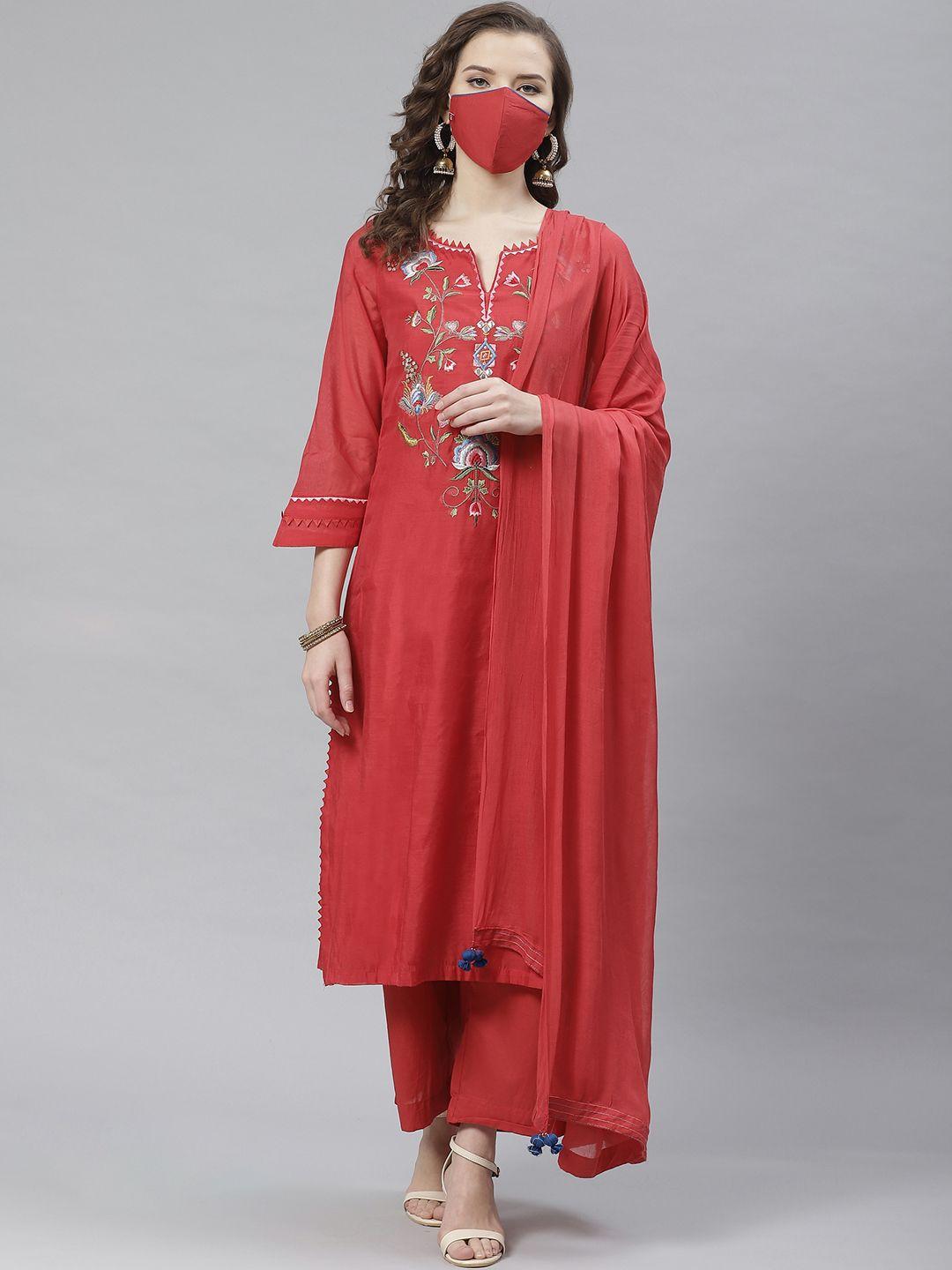 biba women red yoke design kurta with trousers & dupatta