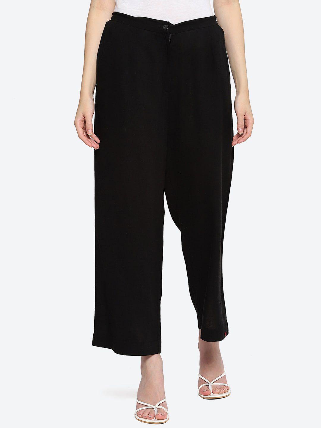 biba women relaxed mid-rise cotton parallel trousers