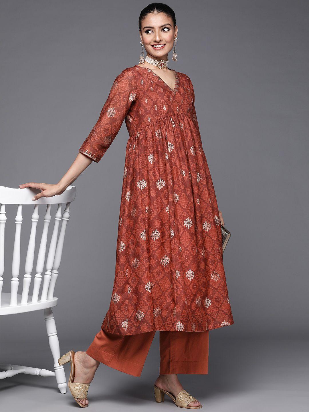 biba women rust brown printed kurta with trousers