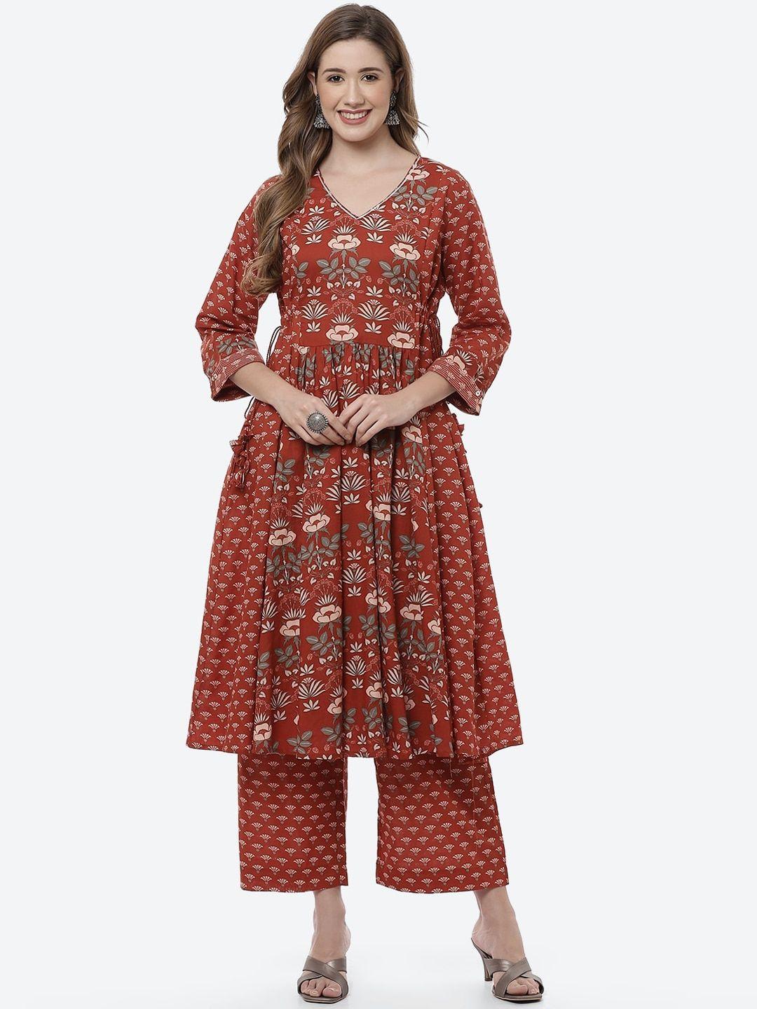 biba women rust ethnic motifs printed pleated pure cotton kurta with palazzos