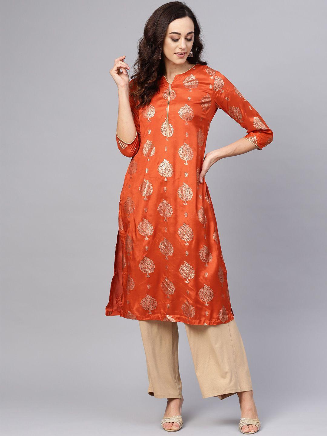 biba women rust orange & golden printed straight kurta