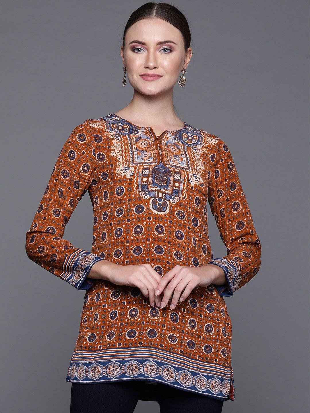 biba women rust orange & navy blue printed straight kurti