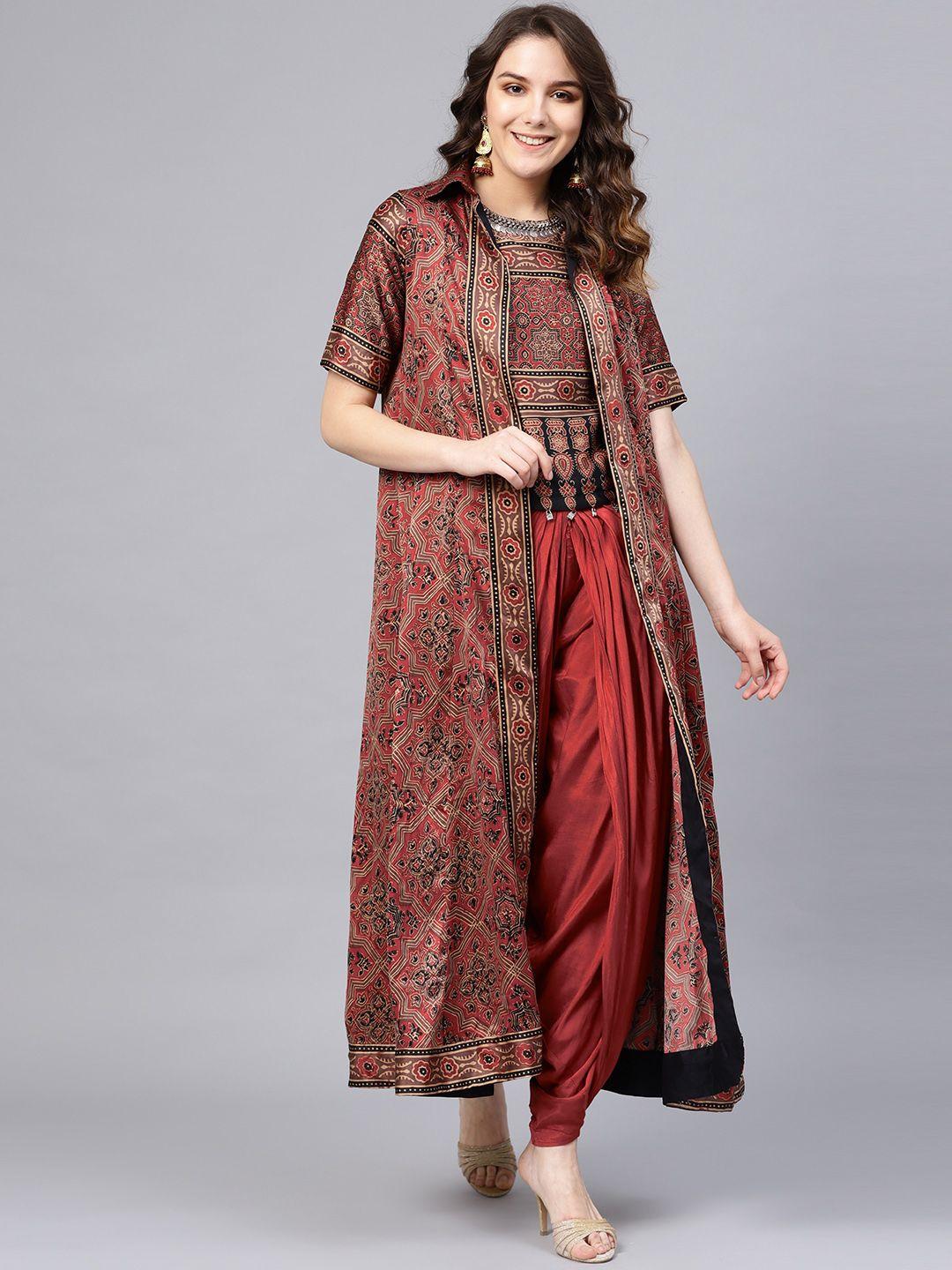 biba women rust red & black printed top with dhoti pants