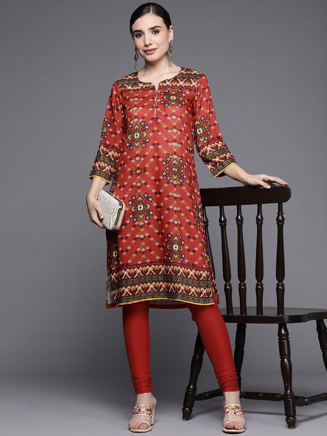 biba women rust red & olive green ethnic motifs printed kurta