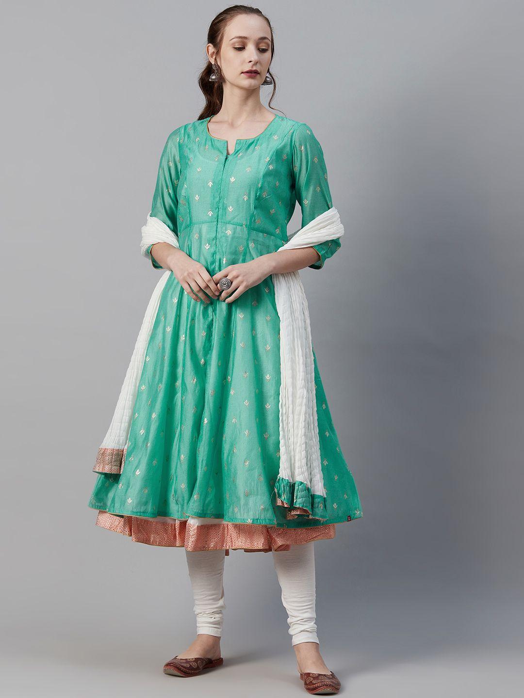 biba women sea green & white printed layered kurta with churidar & dupatta