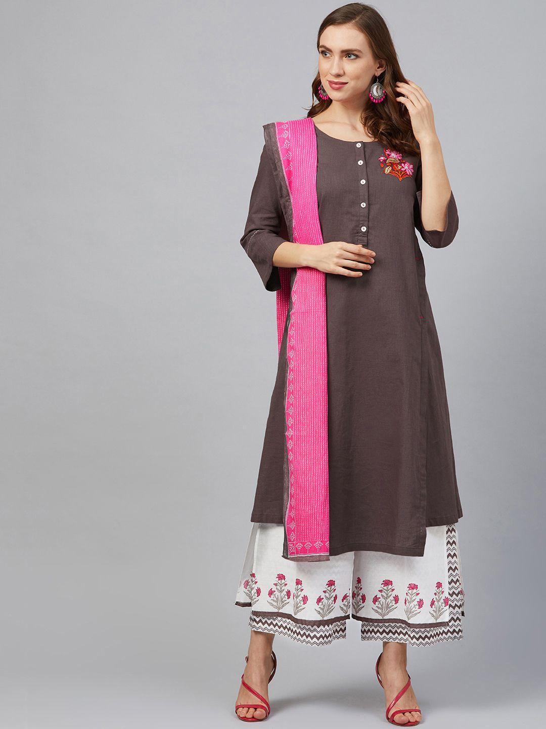 biba women taupe & white embroidered detail kurta with palazzos & dupatta