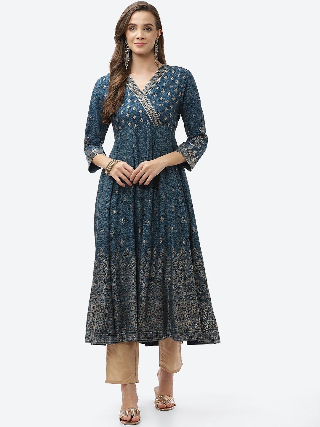 biba women teal & silver-toned ethnic motifs printed thread work anarkali kurta