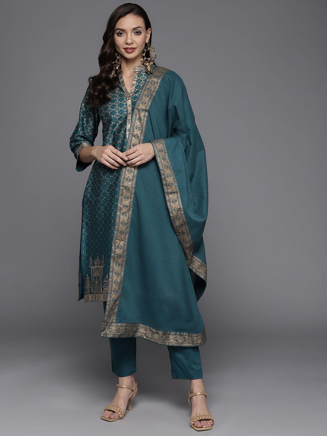 biba women teal blue & golden printed pure cotton kurta with trousers & dupatta