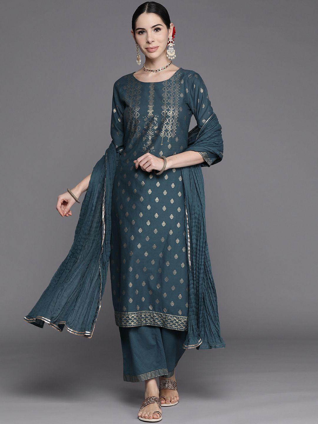 biba women teal blue ethnic motifs printed pure cotton kurta with palazzos & dupatta