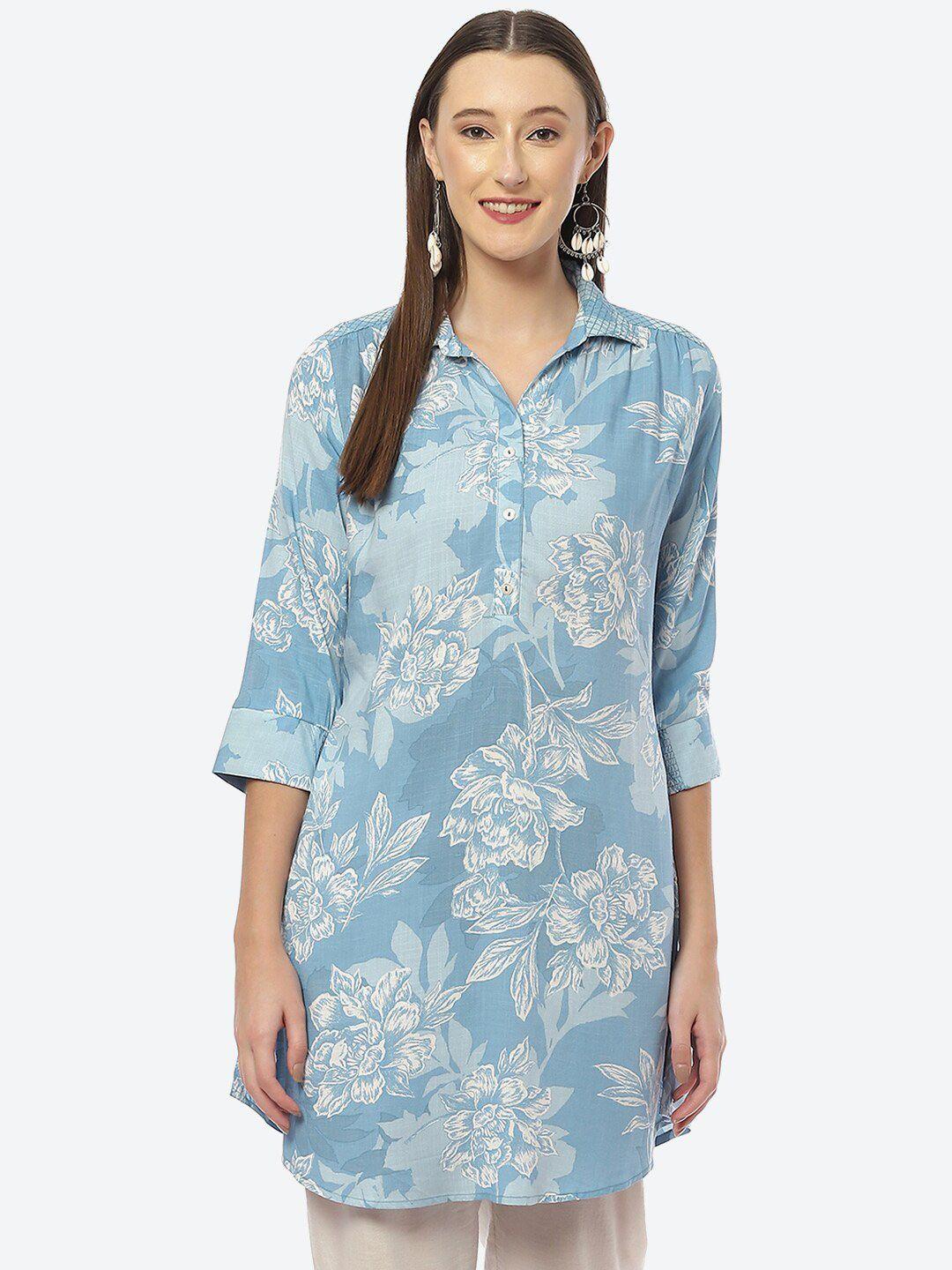 biba women teal classic floral printed longline casual shirt