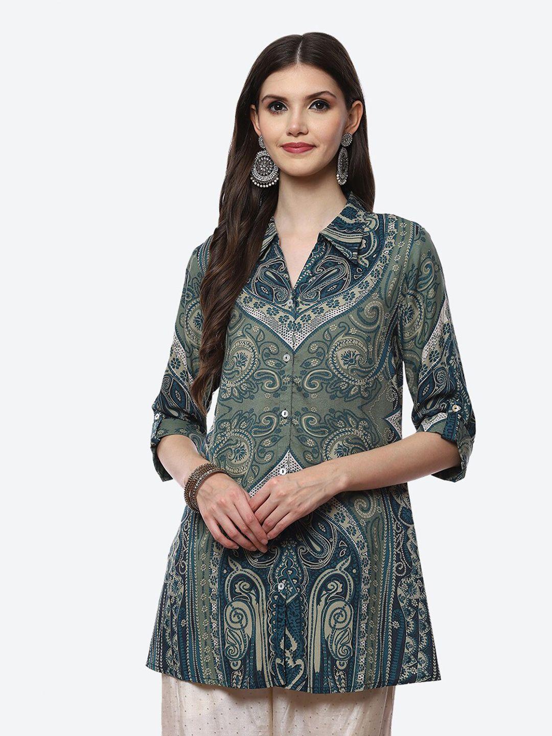 biba women teal printed casual shirt