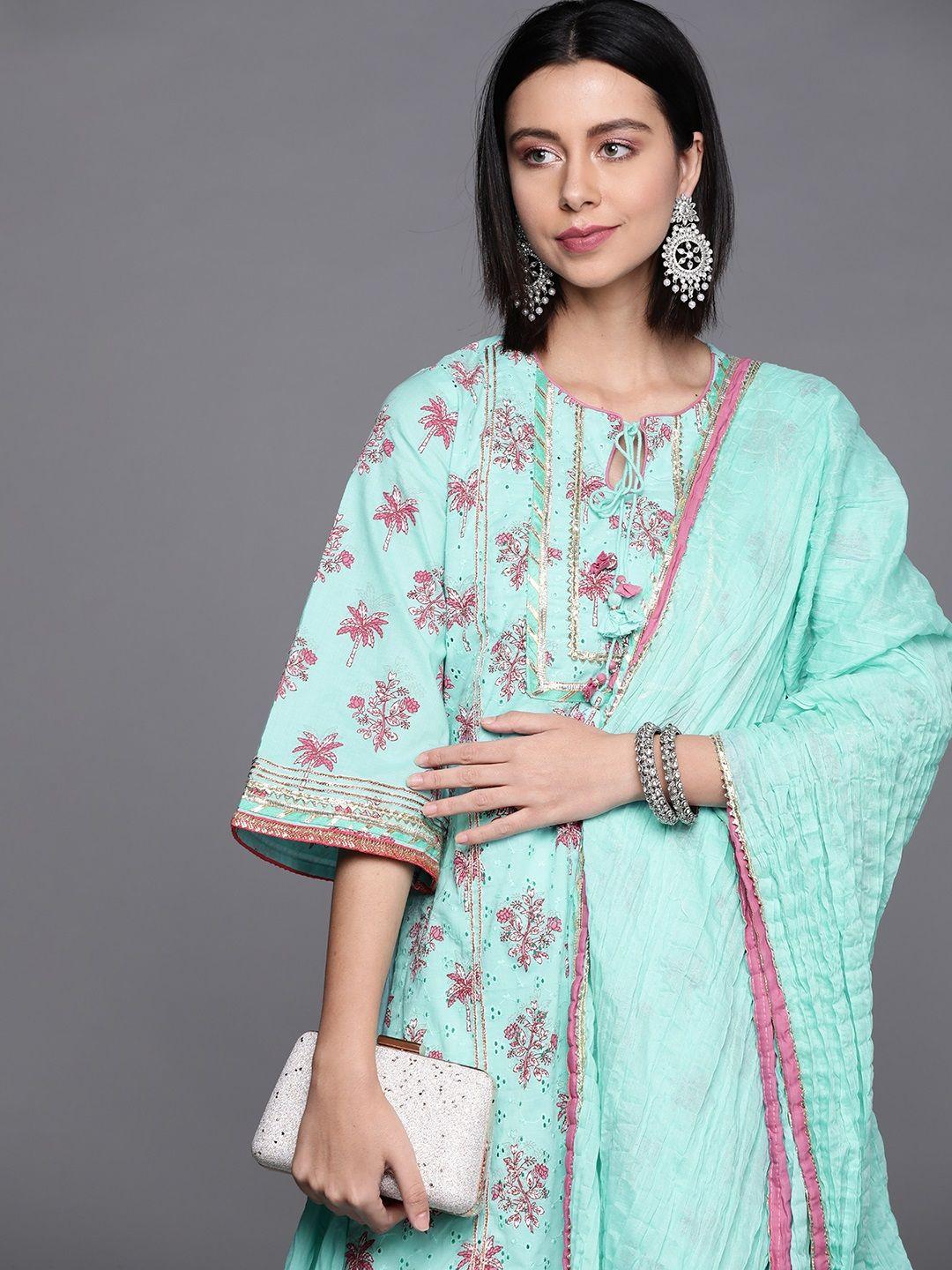 biba women turquoise blue & pink ethnic printed pure cotton kurta with trousers & dupatta