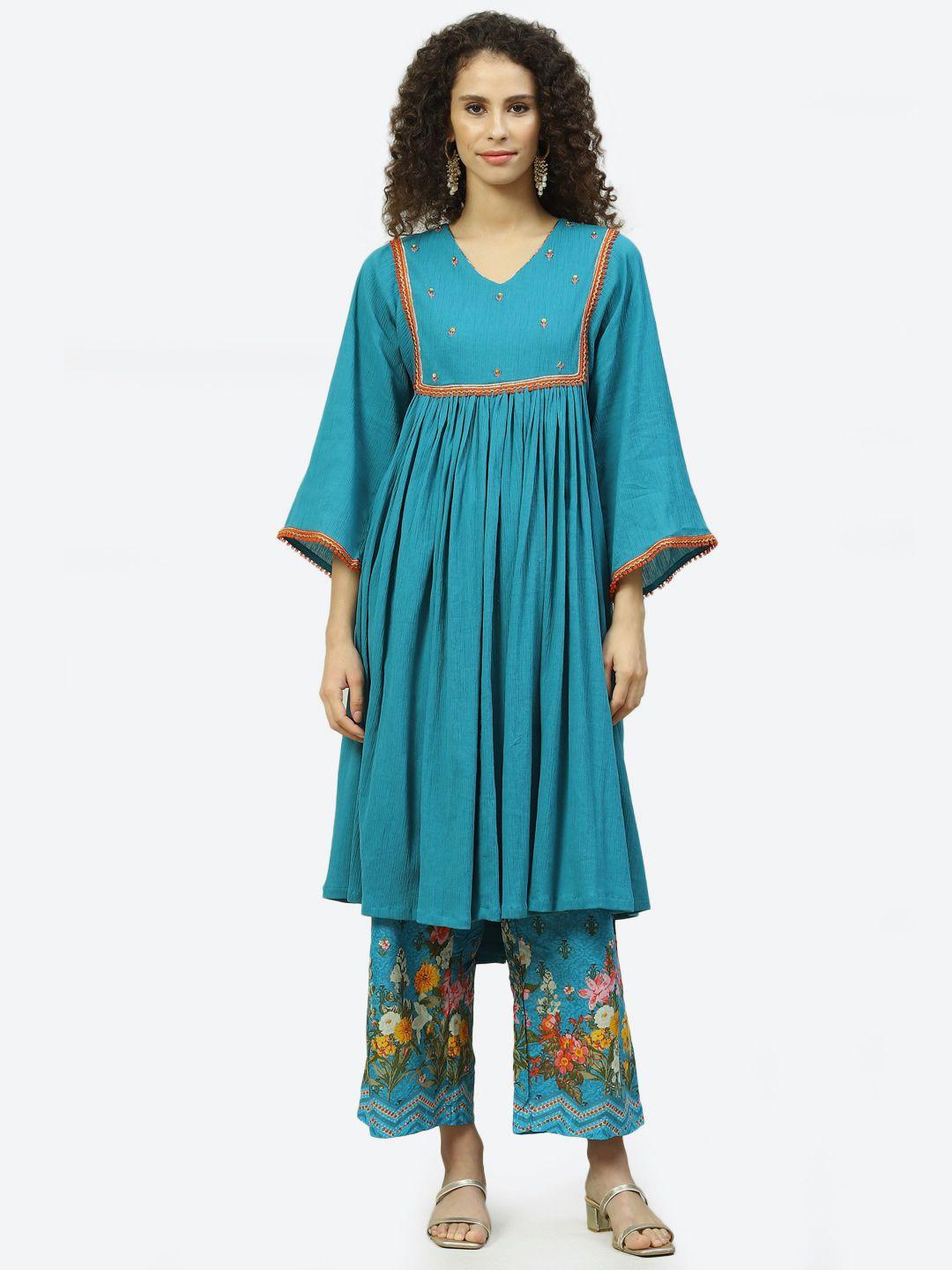 biba women turquoise blue floral empire sequinned kurta with palazzos with dupatta