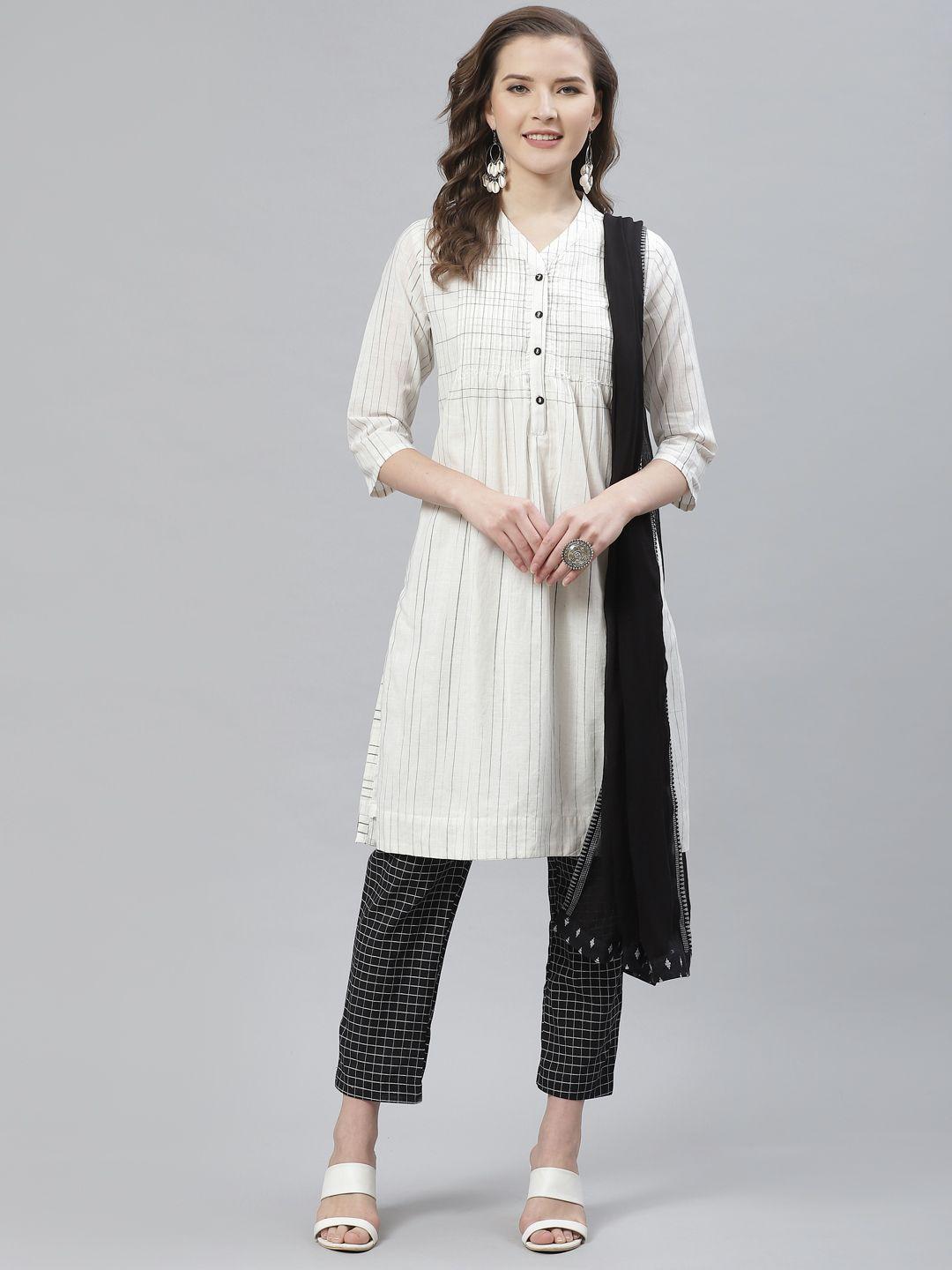 biba women white & black striped kurta with trousers & dupatta