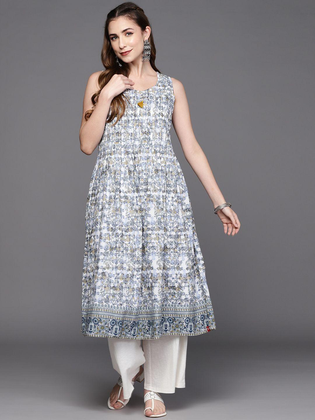 biba women white & navy blue ethnic motifs printed cotton kurta