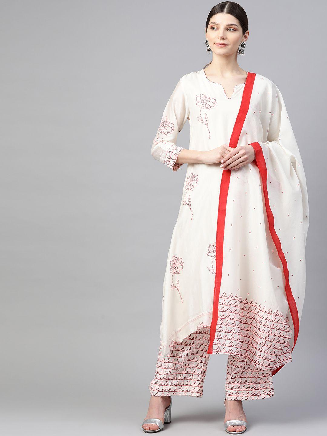 biba women white & orange printed kurta with palazzos & dupatta