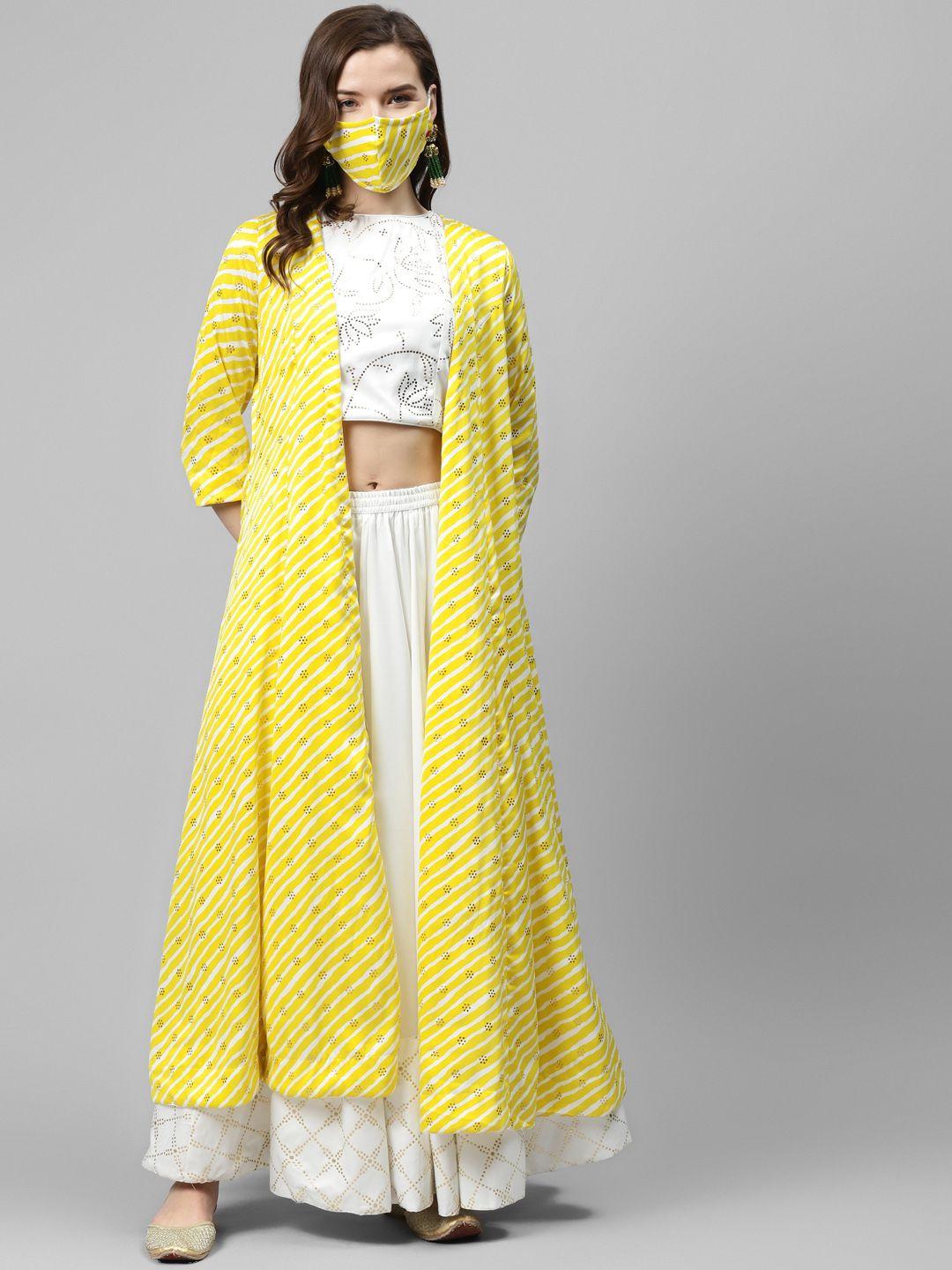 biba women white & yellow embellished top with skirt & ethnic jacket