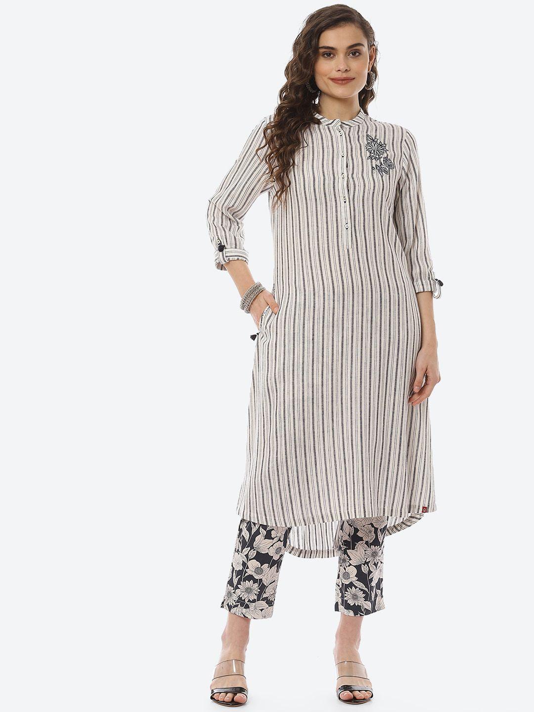 biba women white striped pure cotton kurta with trousers