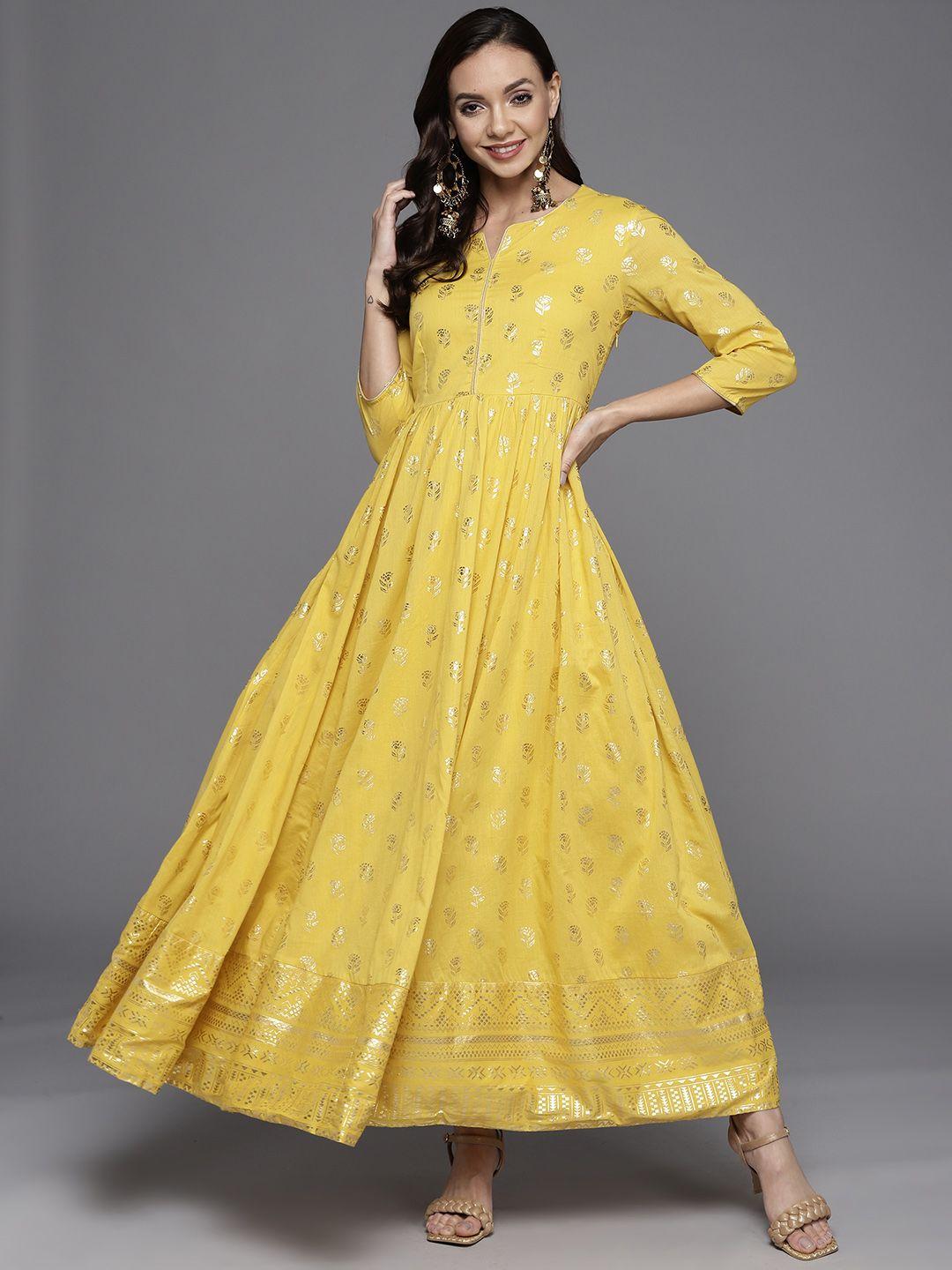 biba women yellow & gold-toned ethnic motifs printed a-line maxi dress