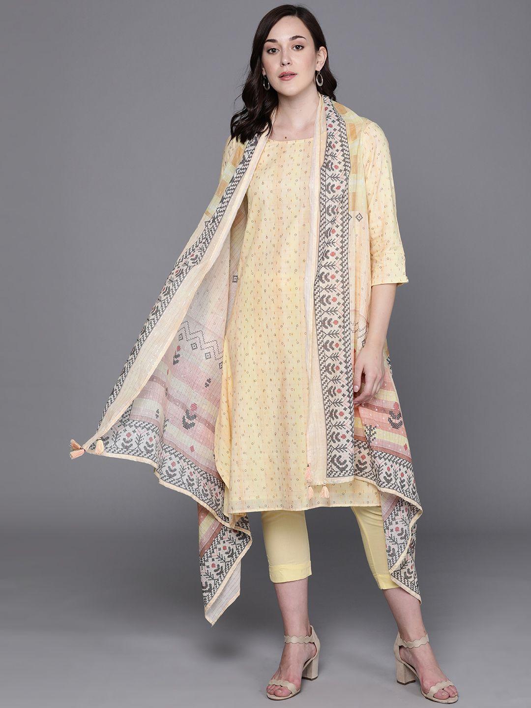 biba women yellow & golden printed pure cotton kurta with trousers