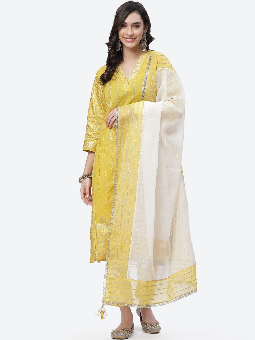 biba women yellow ethnic motifs printed pure cotton kurta with trousers & dupatta