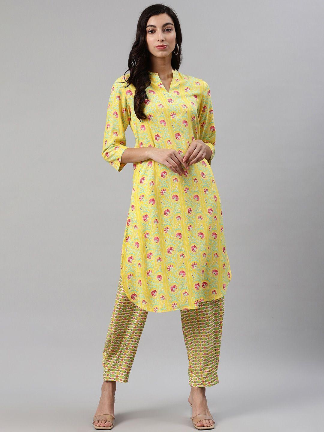 biba women yellow printed kurta with salwar