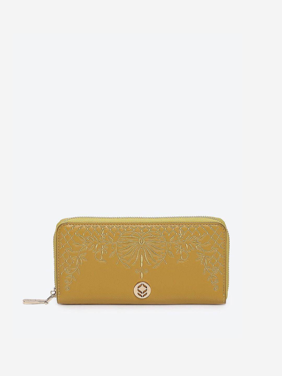 biba women yellow self design zip around wallet