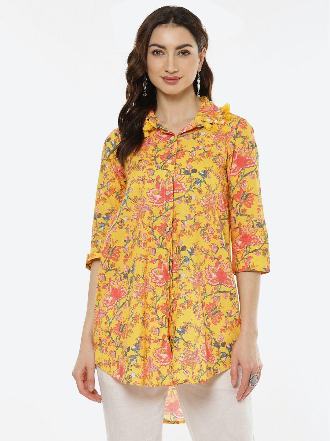 biba women yellow straight floral printed casual shirt