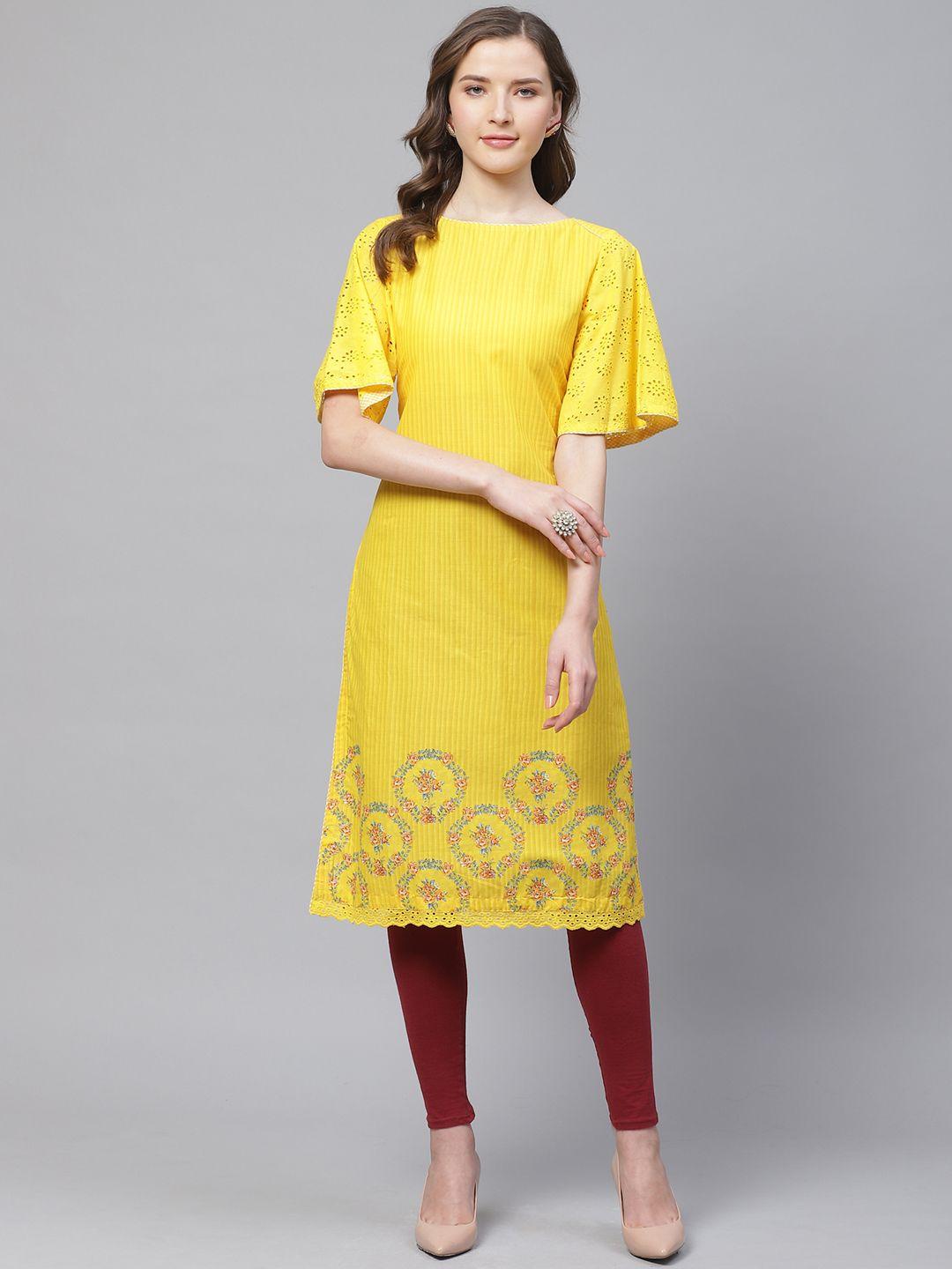 biba women yellow striped straight kurta