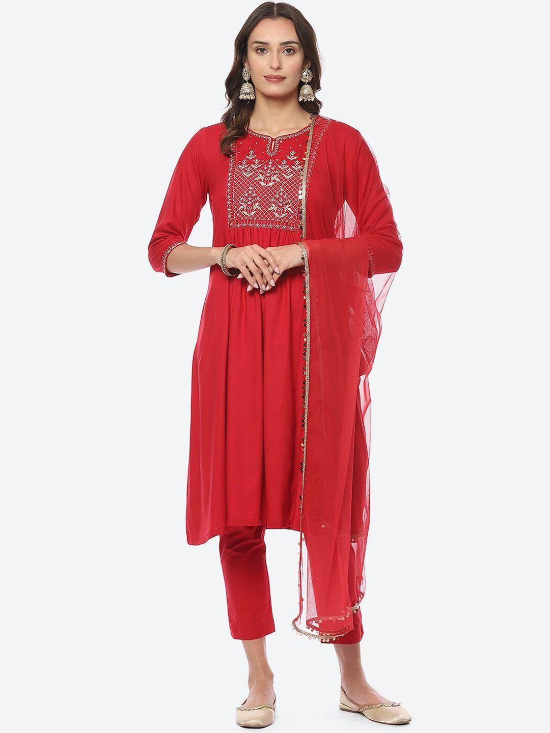 biba women yoke design kurta with trousers & dupatta