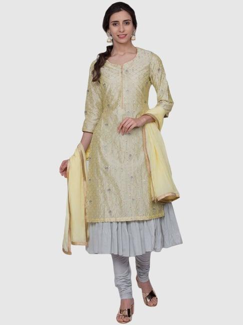 biba yellow & grey embroidered kurta churidar set with dupatta