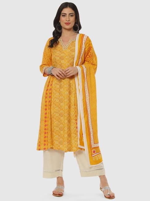 biba yellow & off-white printed kurta pant set with dupatta