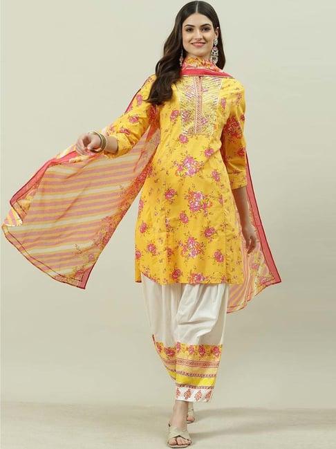 biba yellow & white cotton printed kurti pant set with dupatta