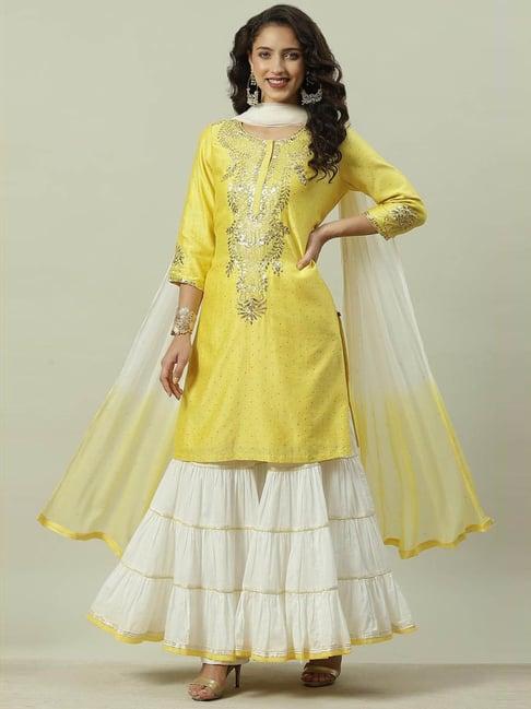 biba yellow & white embellished kurta sharara set with dupatta