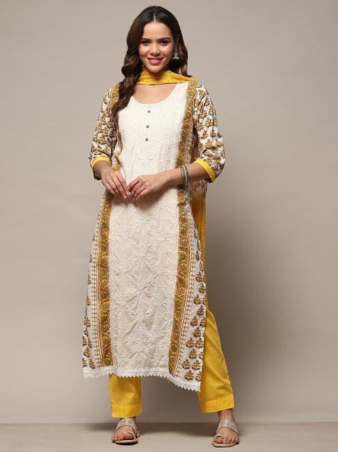 biba yellow & white printed cotton unstitched dress material