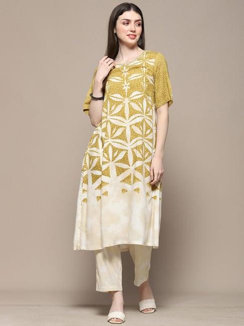 biba yellow & white printed kurta pant set