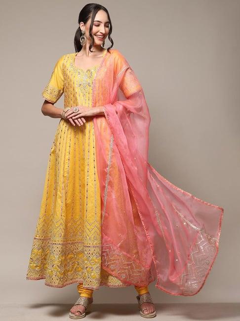 biba yellow cotton embroidered kurta churidar set with dupatta