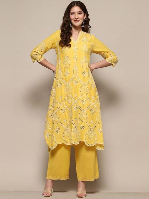 biba yellow cotton embroidered kurta palazzo set with inner